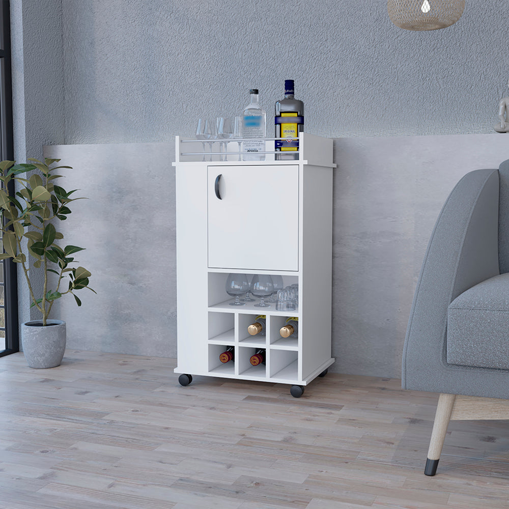 Modern white bar cart with wine rack and glassware storage perfect for home entertaining