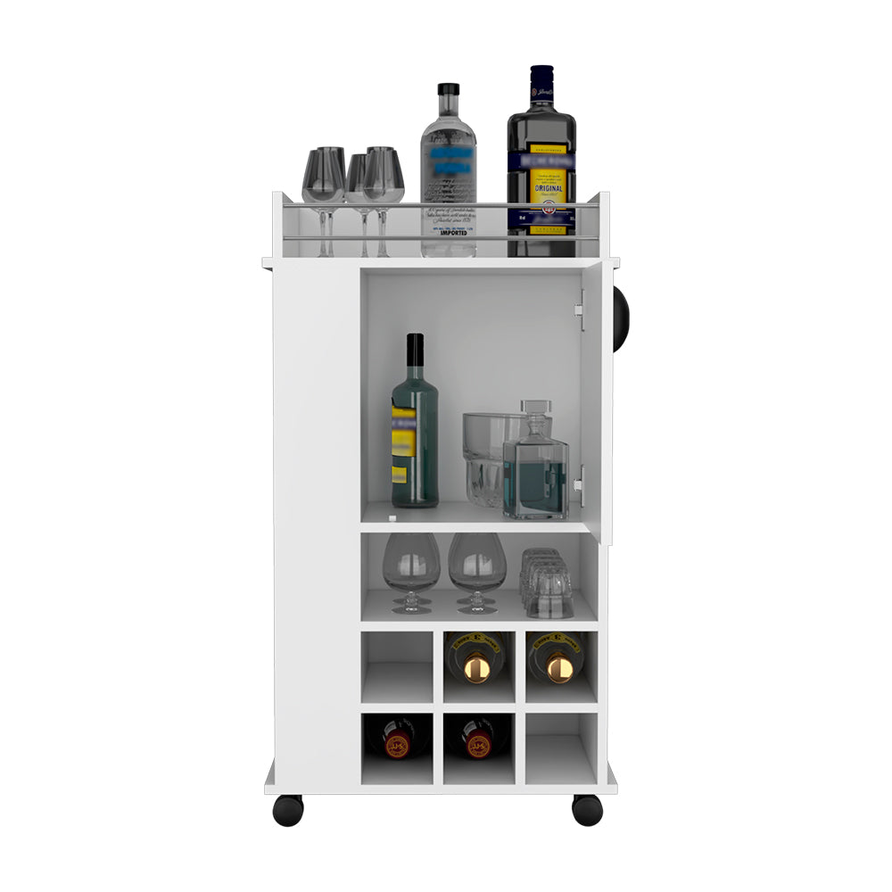 White mobile bar cart with bottles and glasses for home entertaining