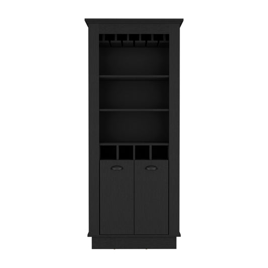 Tall black wood cabinet with wine glass rack open shelves and two cabinet doors