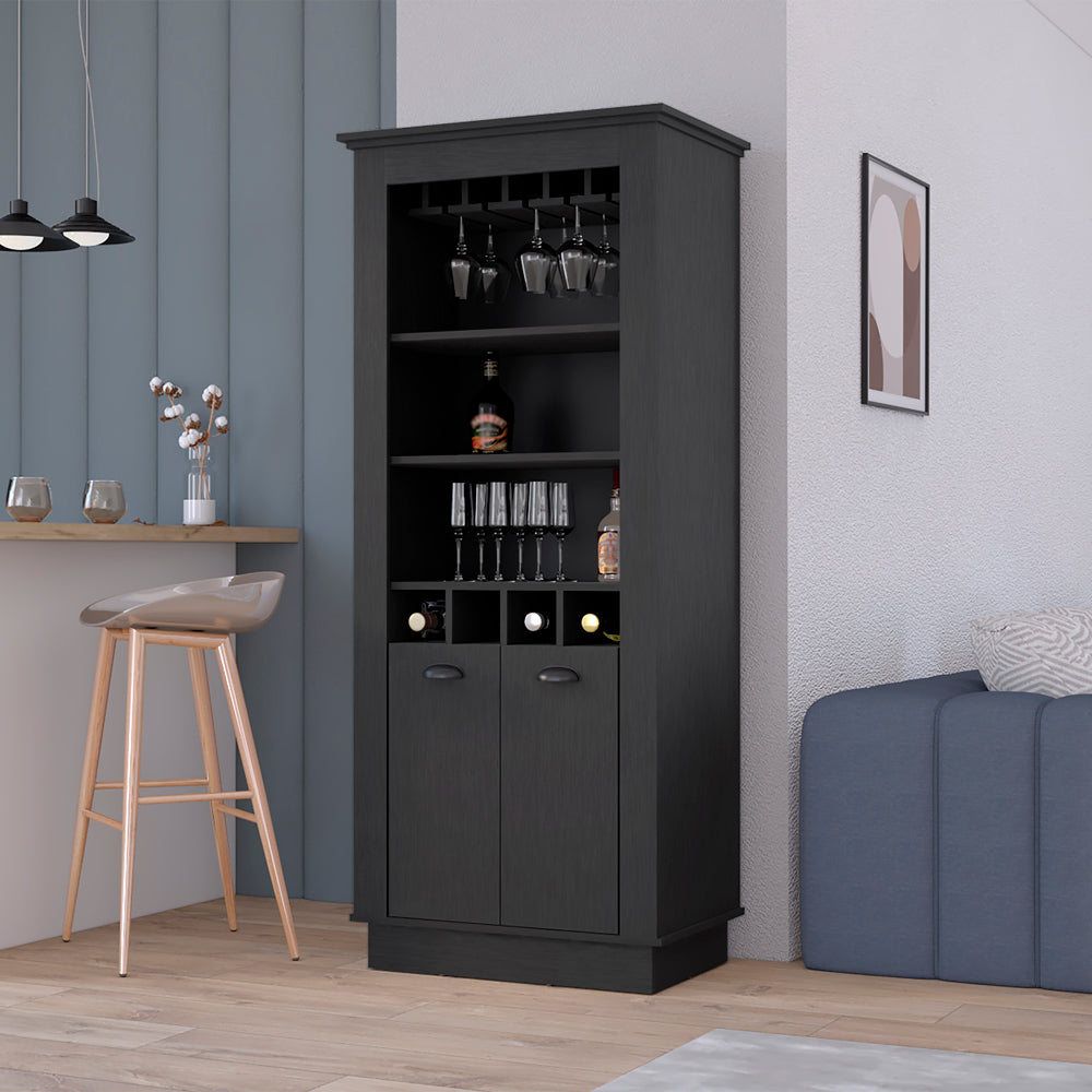 Black wine cabinet with glass holders shelves and two lower cabinets