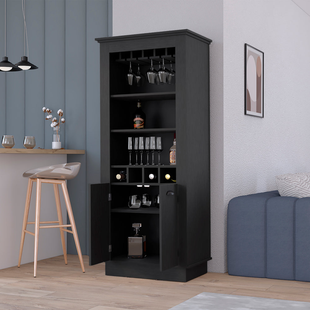 Tall black wood bar cabinet with wine rack and glass storage