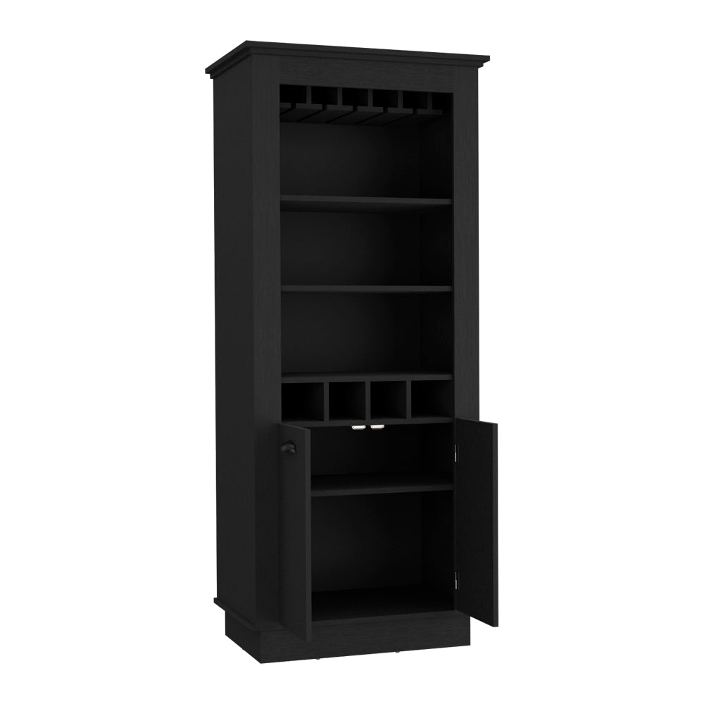 Tall black wine cabinet with open doors and multiple shelves for storage