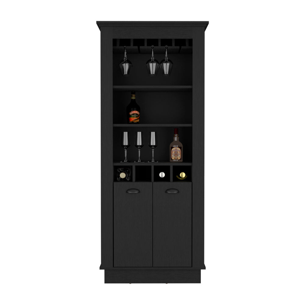 Black wooden wine cabinet with glass holders and bottle storage