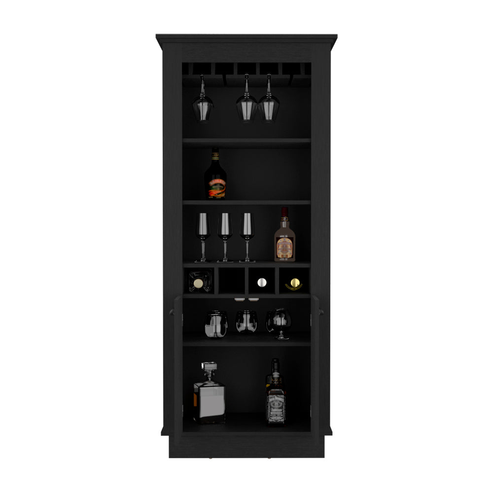 Black wooden bar cabinet with wine glass rack and shelves displaying bottles and glassware