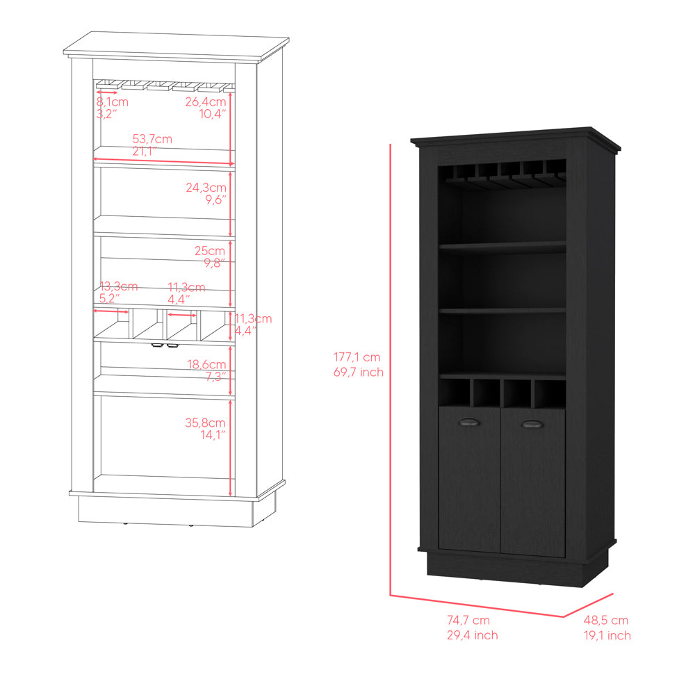 Modern black bar cabinet with wine glass rack and bottle storage