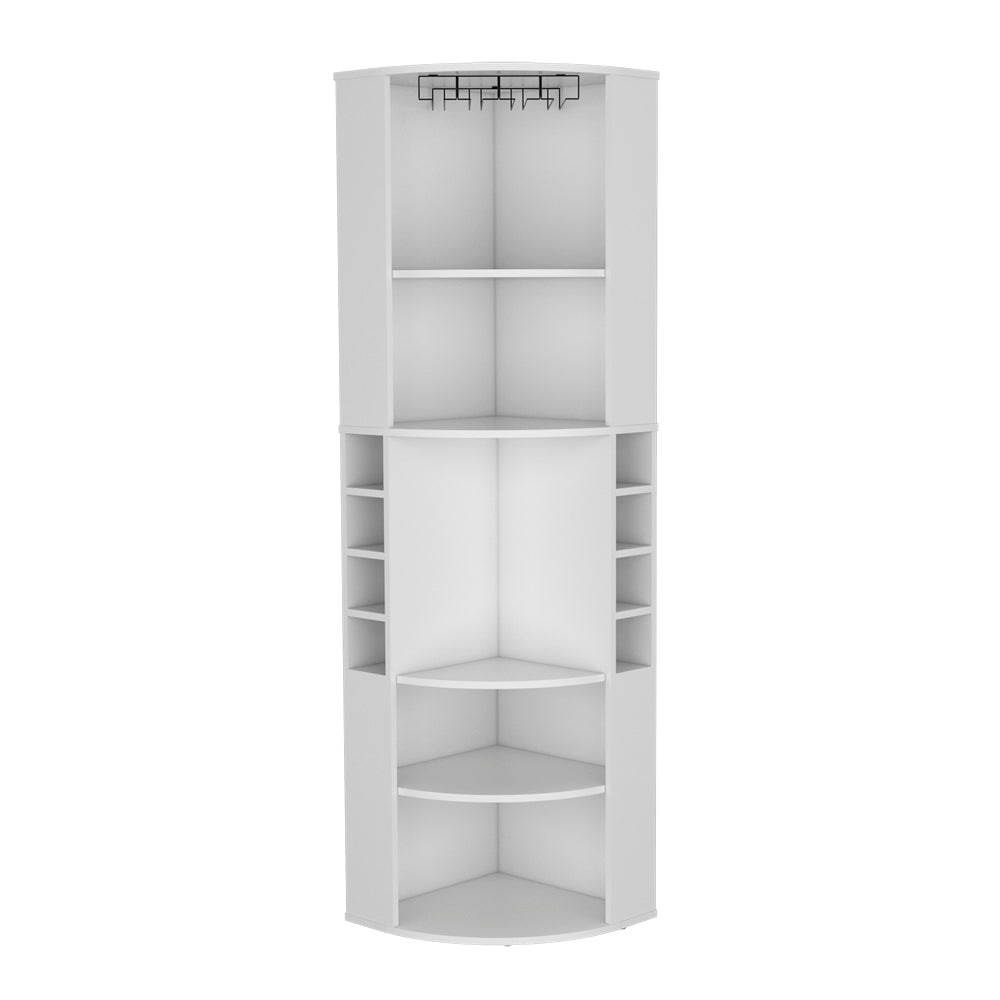 White corner display shelf with two upper shelves and lower tiered shelving