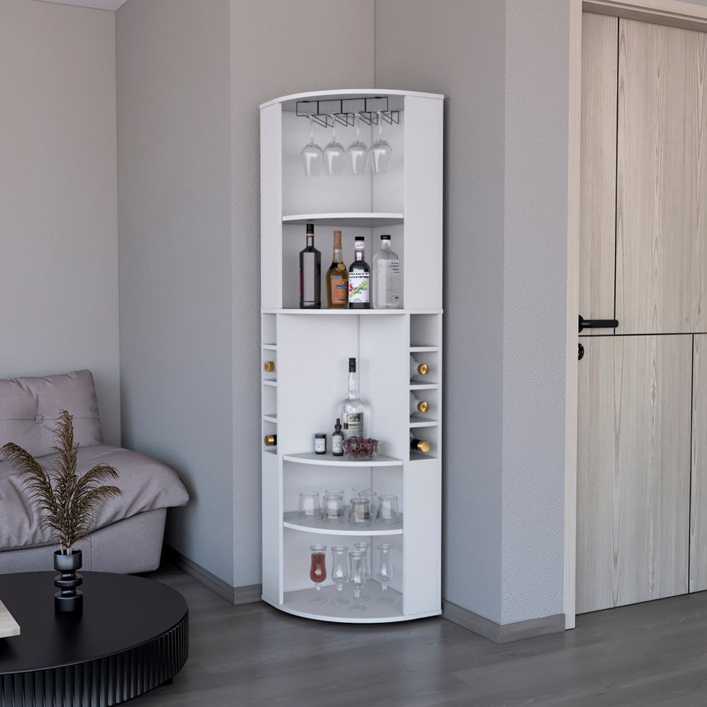White corner bar cabinet with wine glass rack and multiple shelves for bottles