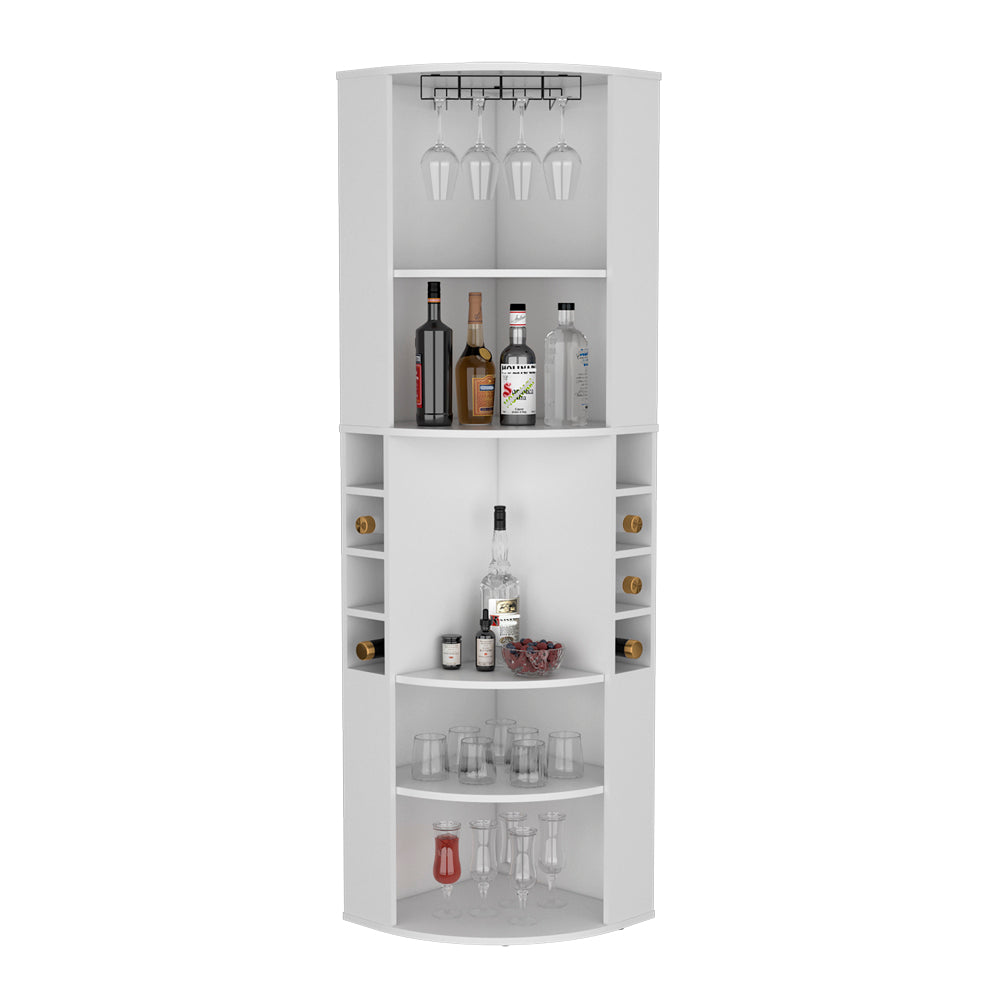 White corner bar cabinet with wine rack and glass holder