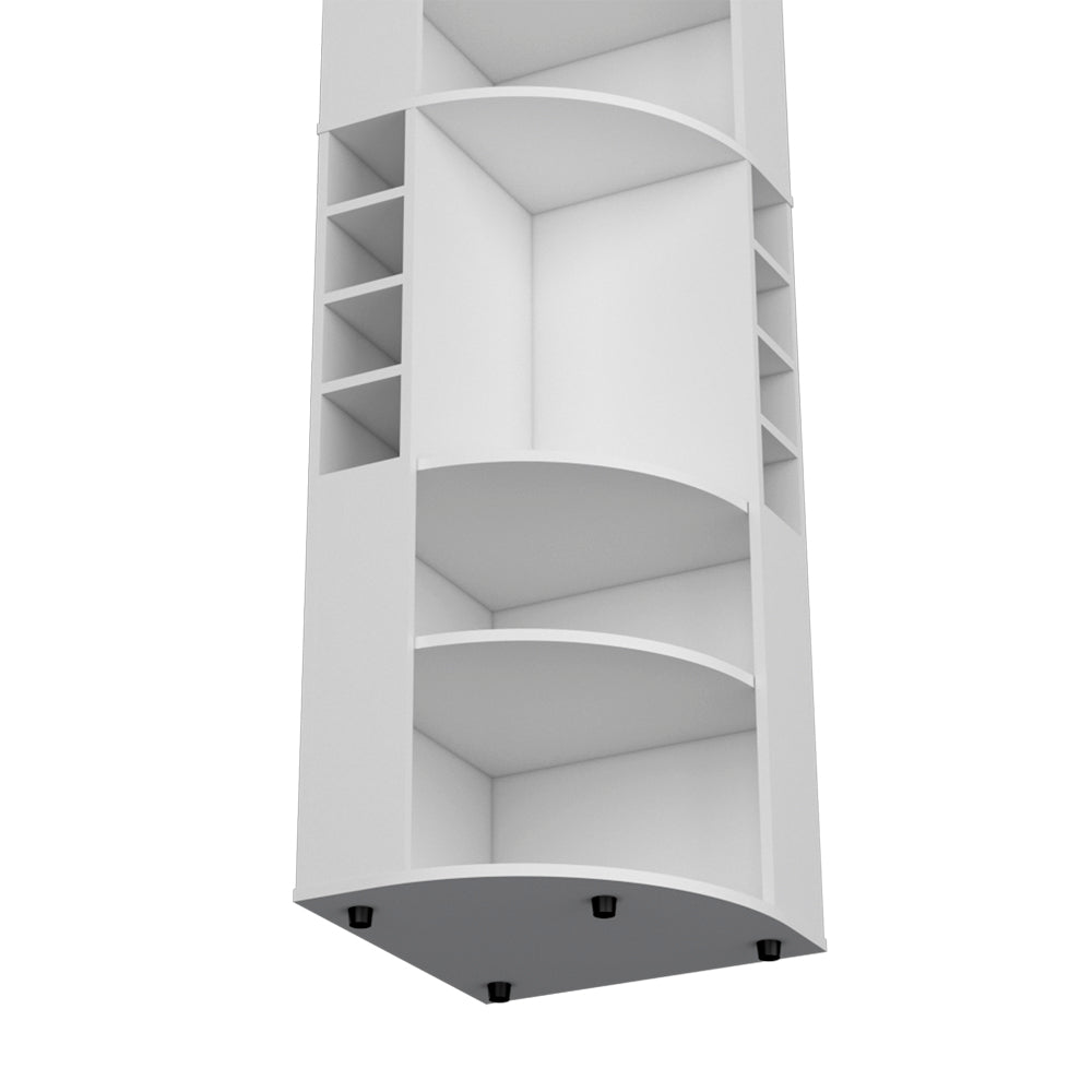 White corner shelf unit with curved shelves and cubbies for display