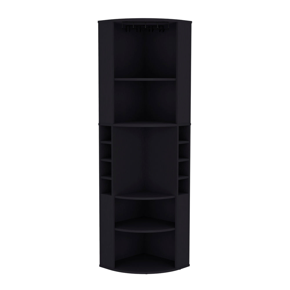 Black corner bar cabinet with wine glass rack and multiple shelves for storage