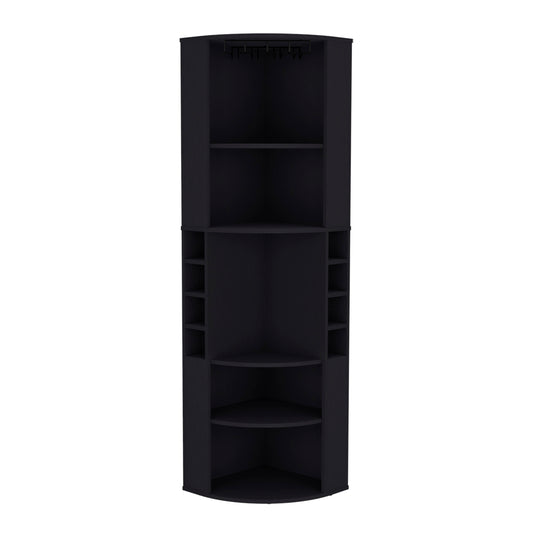 Black corner bar cabinet with wine glass rack and multiple shelves for storage