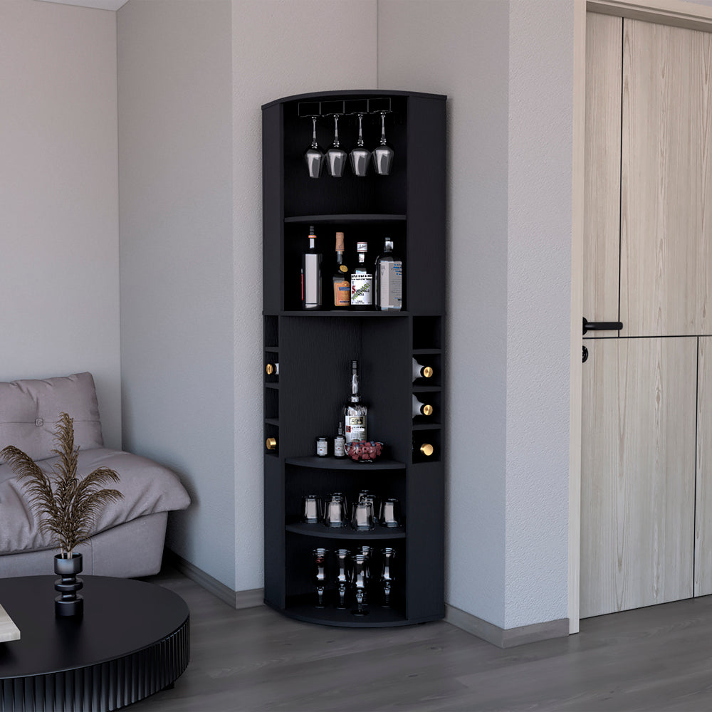 Black corner bar cabinet with wine racks and glass holders