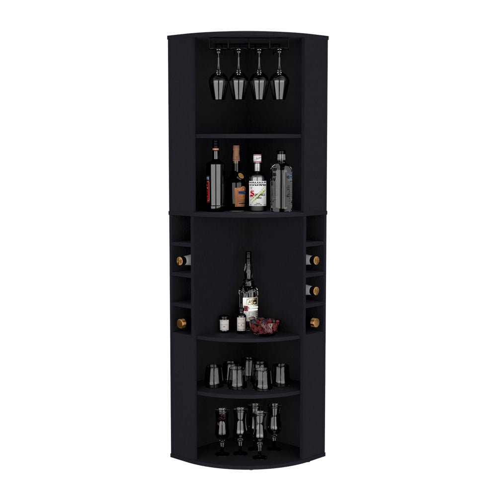 Black corner bar cabinet with wine bottle storage and glass rack