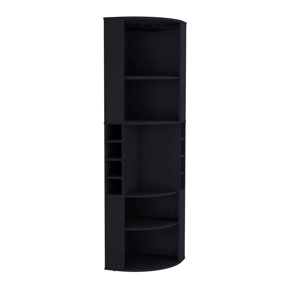 Black corner wine cabinet with tiered shelves and glass rack
