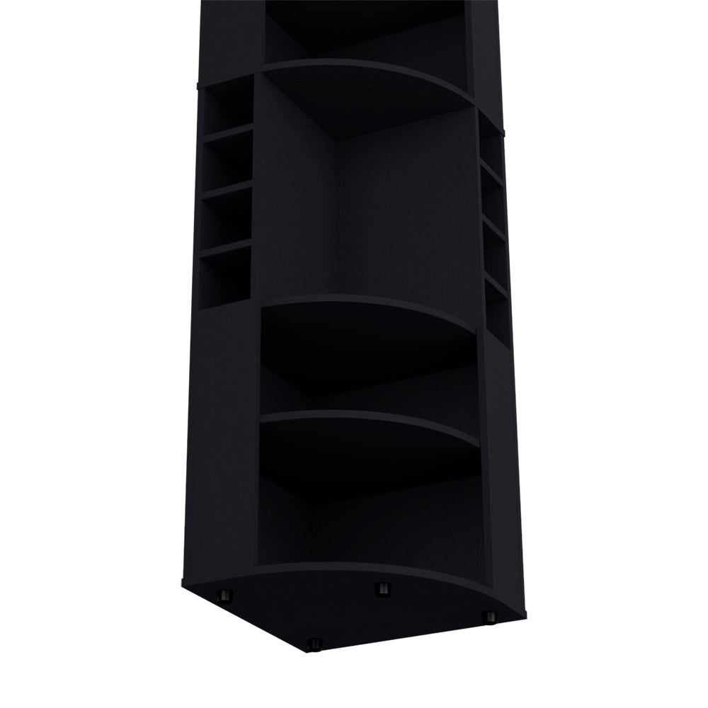 Tall narrow black display shelving unit with open cubbies and curved shelves