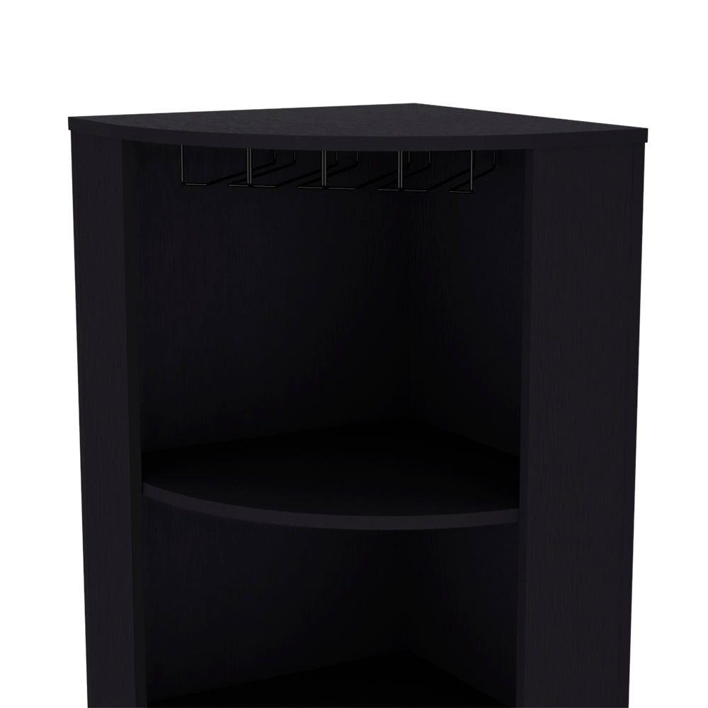 Black corner bar cabinet with hanging glass rack and shelf