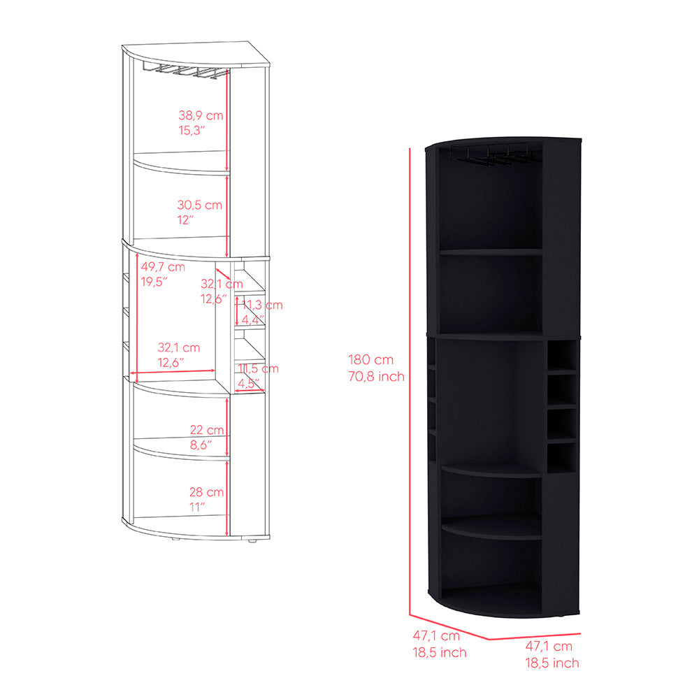 Black corner bar cabinet with wine glass rack and multiple shelves for bottles and decor