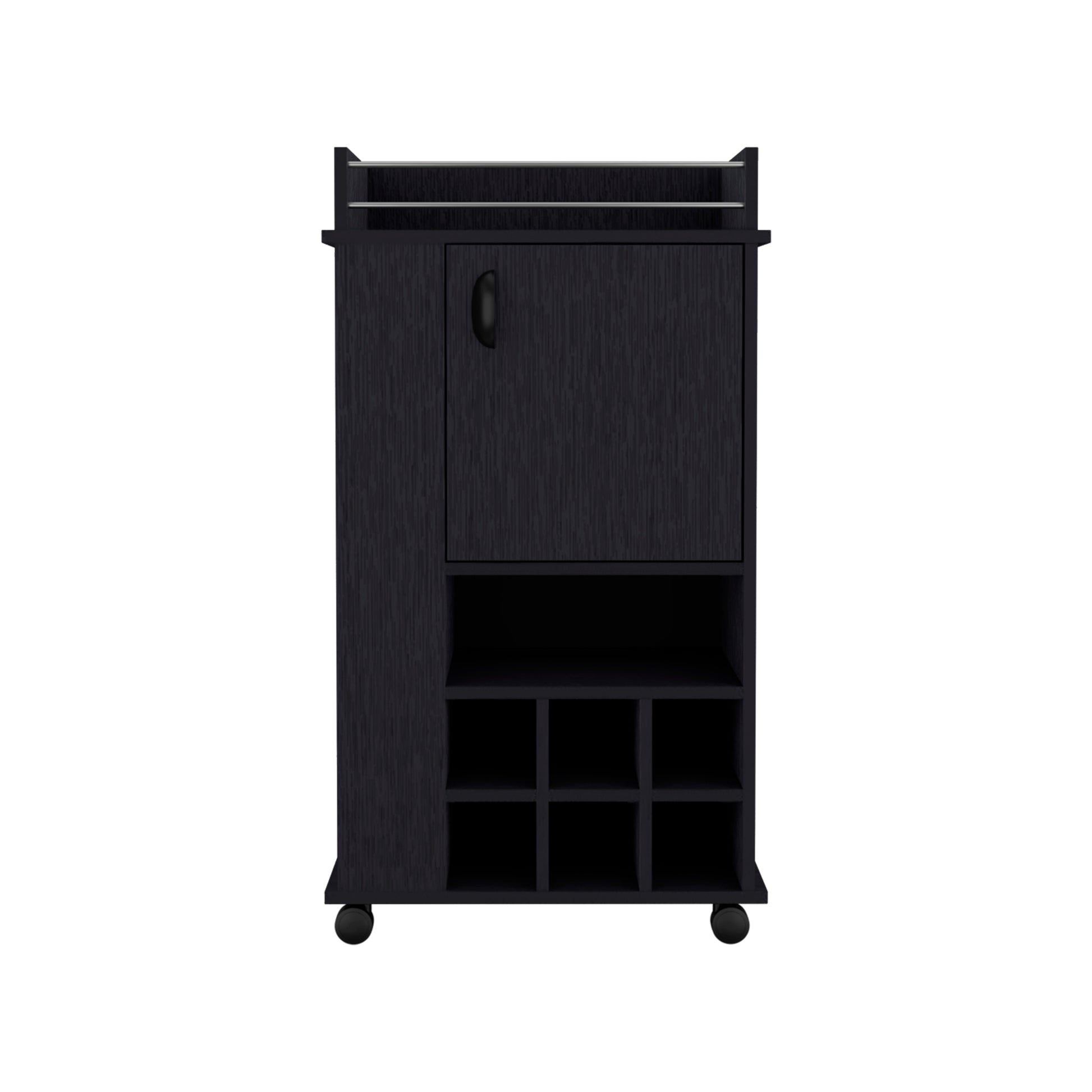 Black bar cart with cabinet and wine rack on wheels