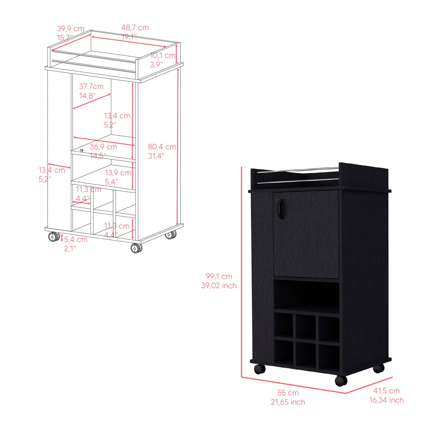 Black rolling bar cart with wine rack and cabinet door for drinks