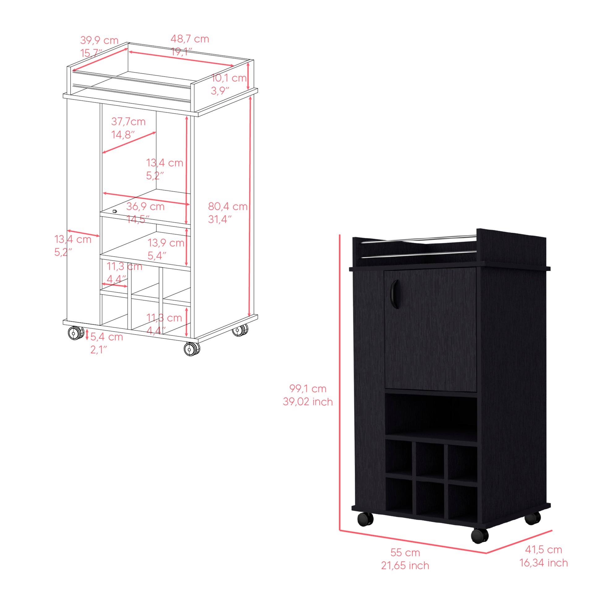 Black rolling bar cart with wine rack and cabinet door for drinks