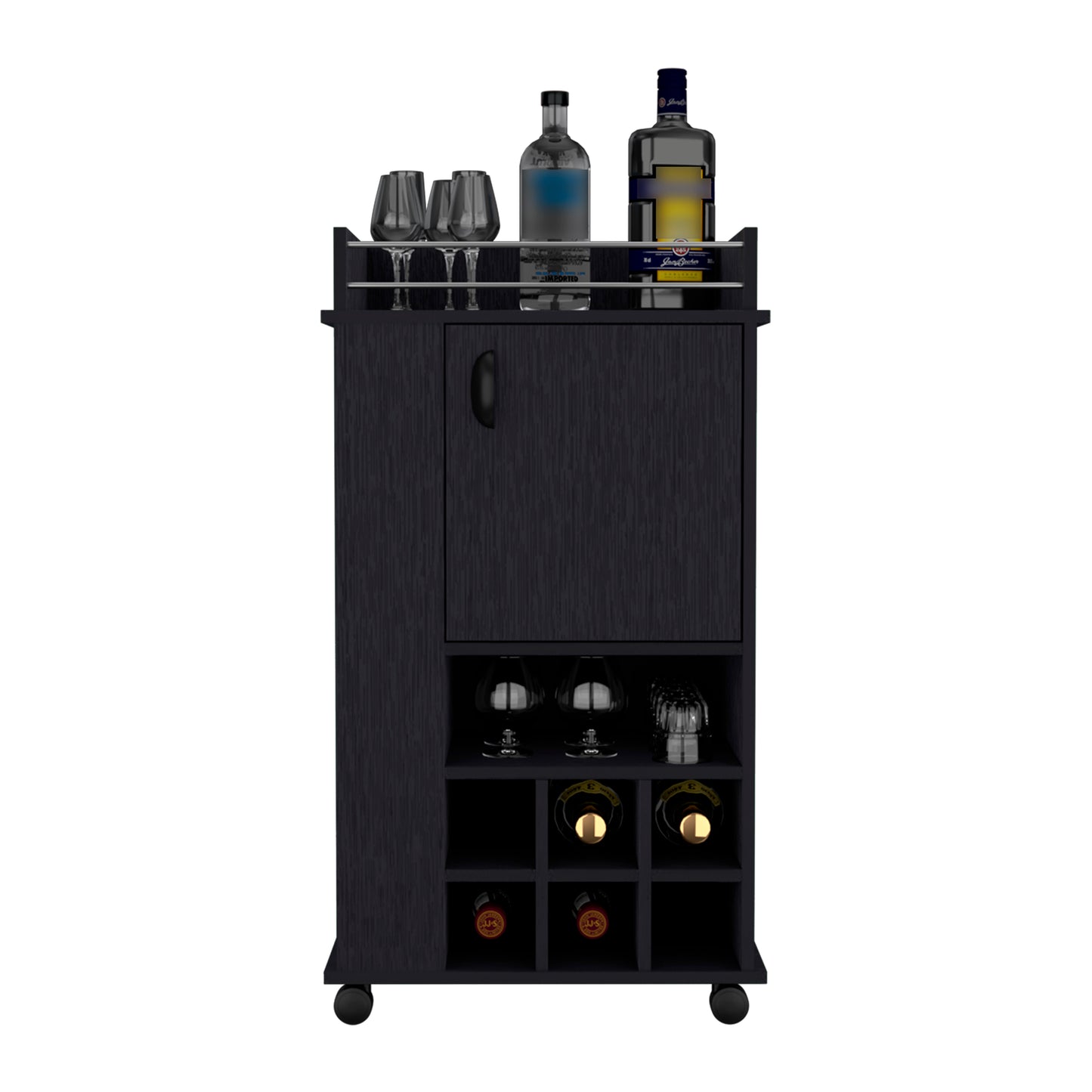 Compact black bar cart with builtin wine rack and glassware storage