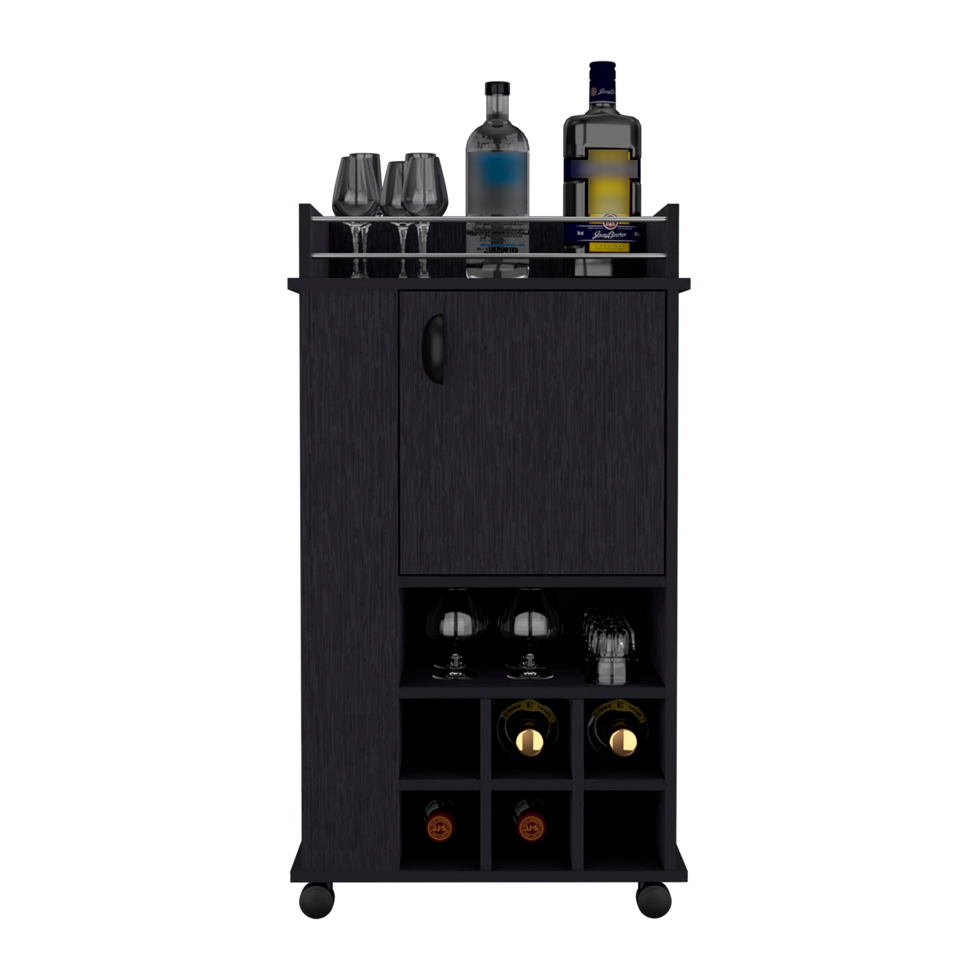 Compact black bar cart with builtin wine rack and glassware storage