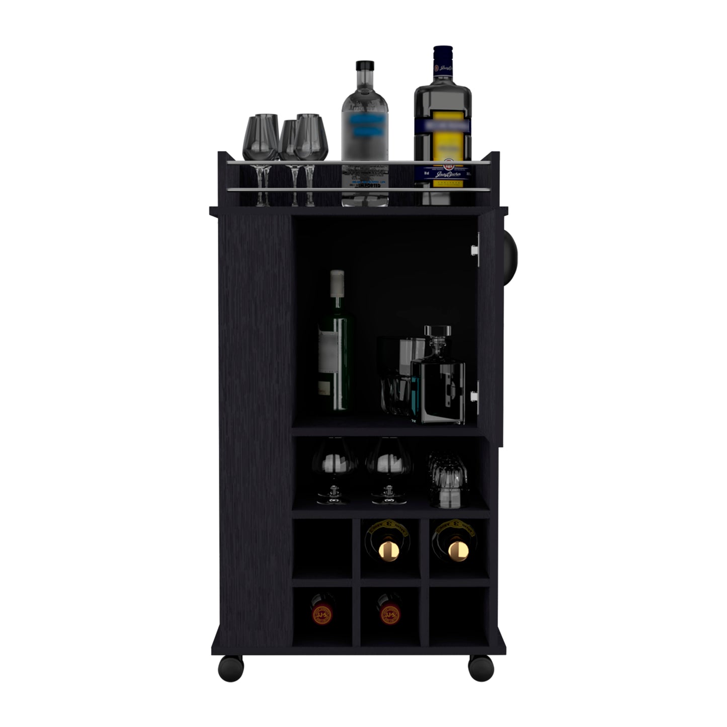 Modern dark wood bar cart with wine bottles and glasses