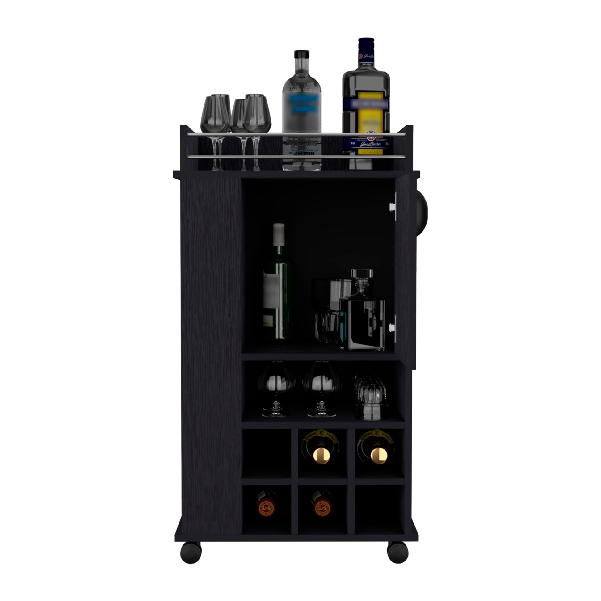 Modern dark wood bar cart with wine bottles and glasses