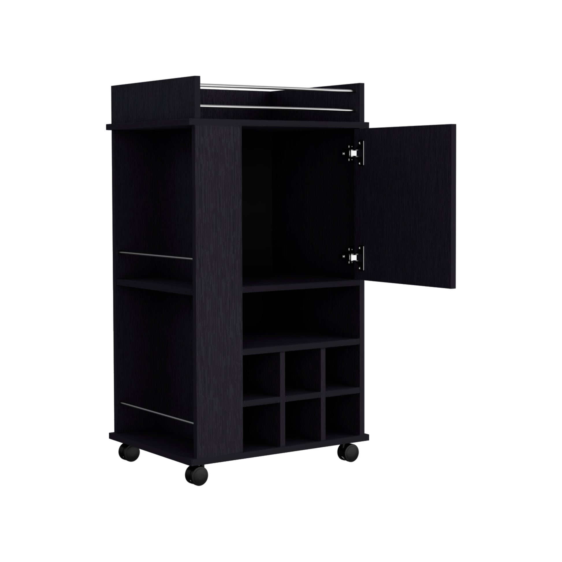 Dark wood bar cart with open cabinet door and nine cube wine rack