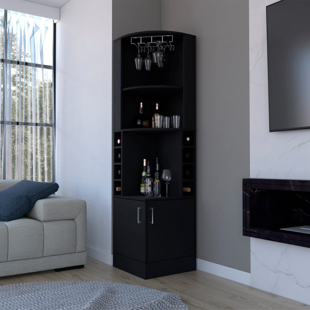 Black corner bar cabinet with wine rack and glass holder