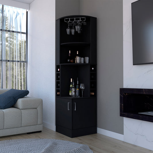 Black corner bar cabinet with wine rack and glass holder