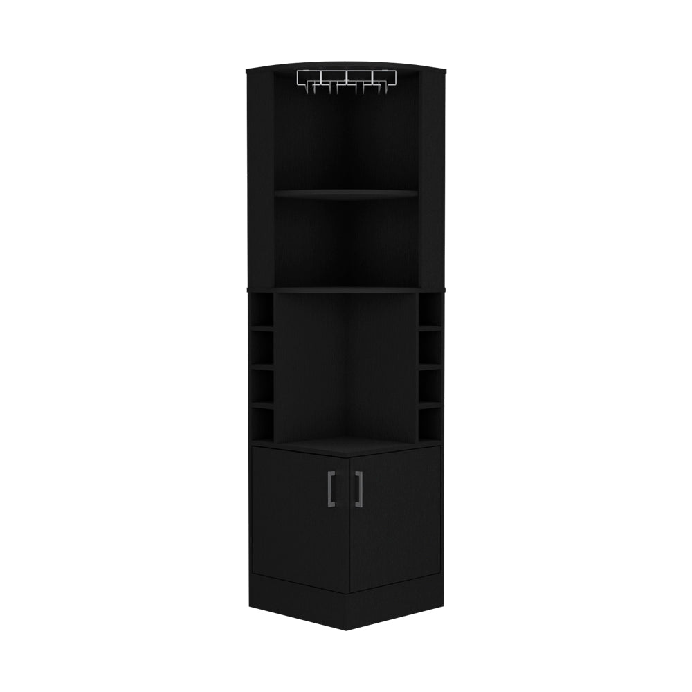 Black corner bar cabinet with wine rack and glass holder