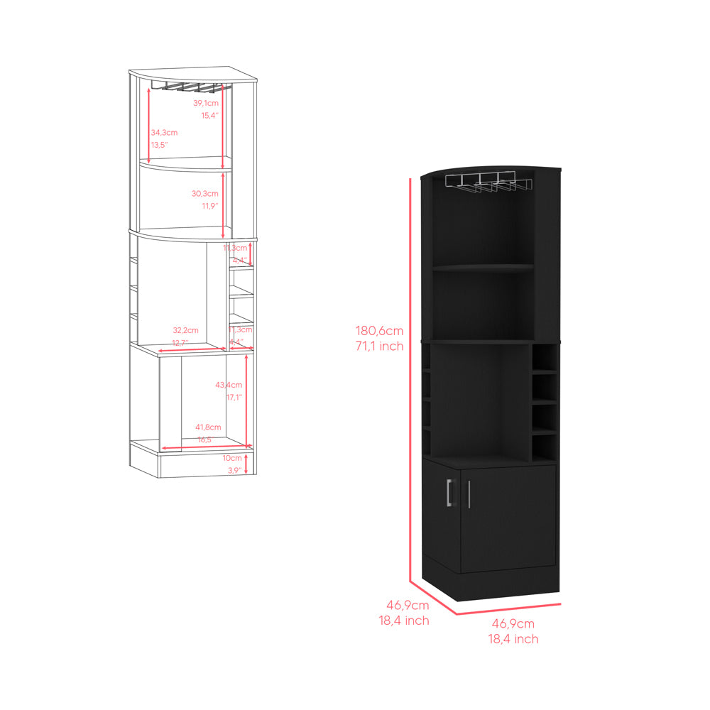 Black corner bar cabinet with wine rack and shelving