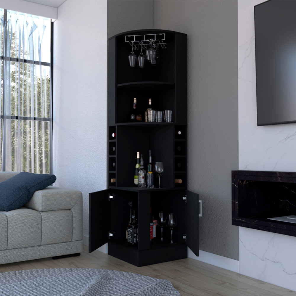 Black corner bar cabinet with wine bottle storage and glass hangers