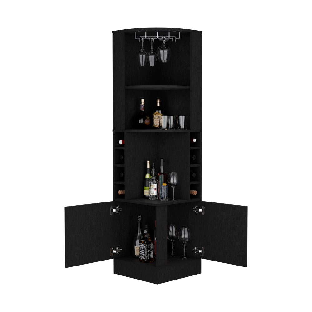 Black corner bar cabinet with glass racks wine shelves and dual doors displaying bottles