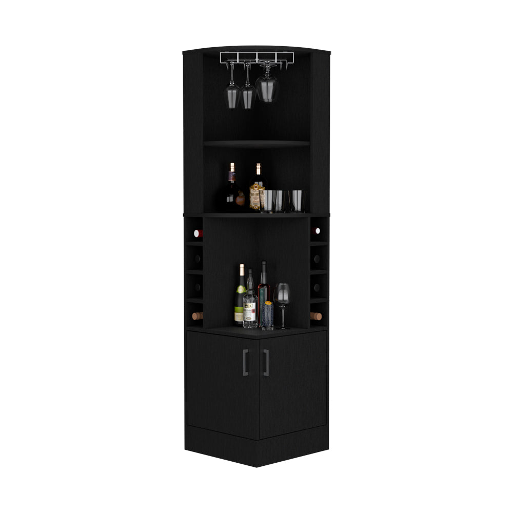 Black corner bar cabinet with glass holder wine racks and display shelves