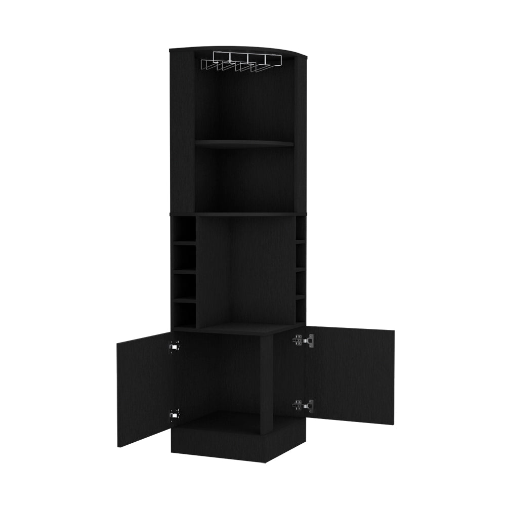 Black corner wine cabinet with glass rack and open doors