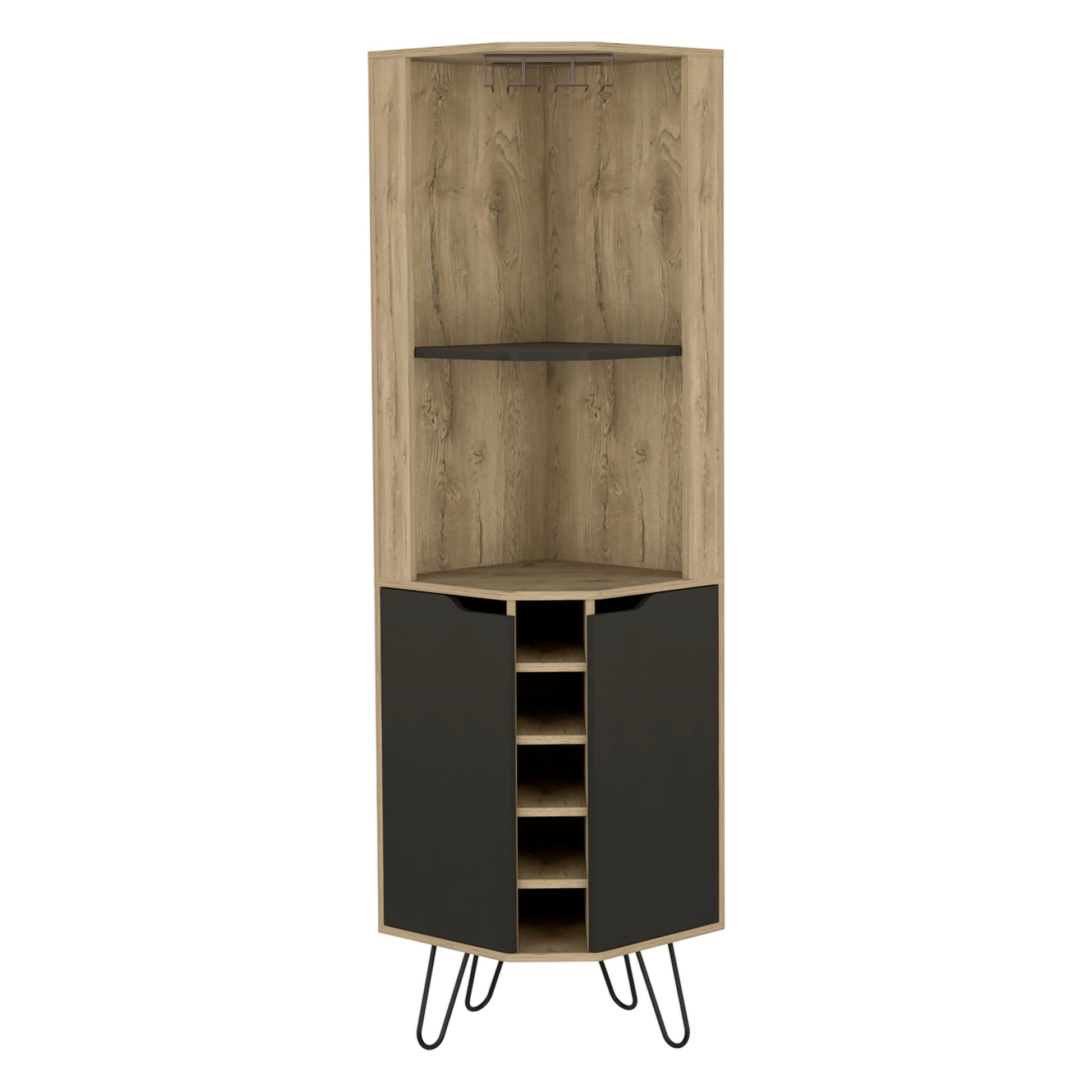 Modern corner cabinet with wine glass rack wood grain finish and black doors