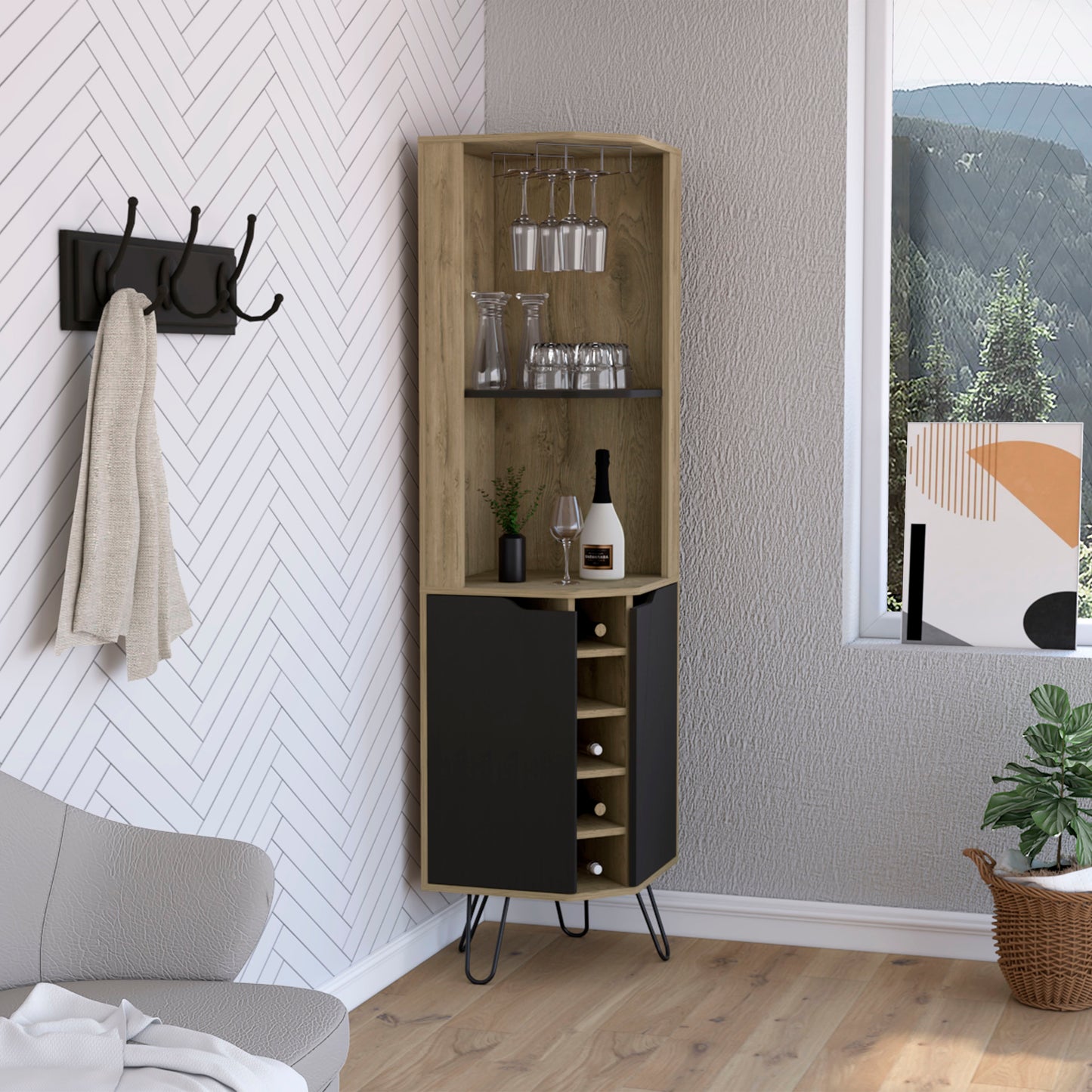 Corner bar cabinet with wine rack and glass holders in oak and black finish