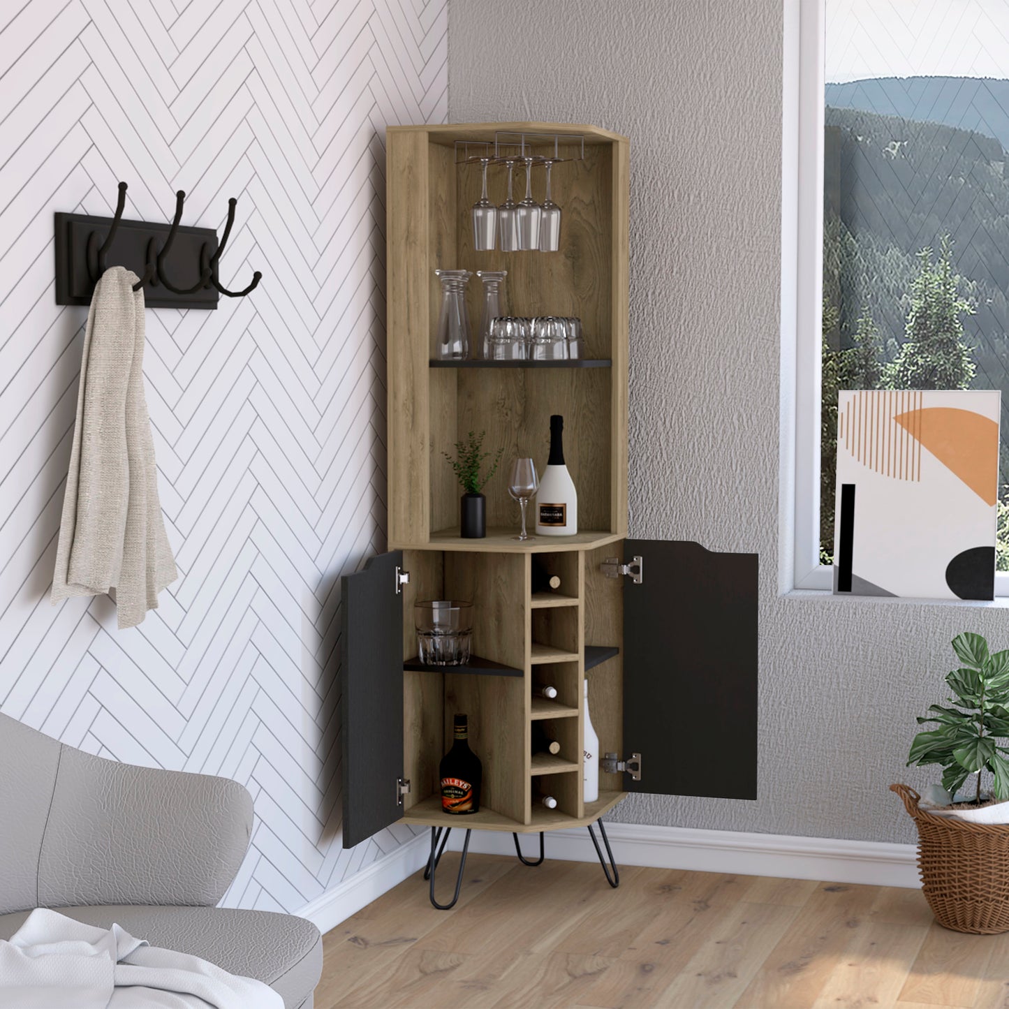 Corner bar cabinet with wood grain finish glass racks and wine bottle storage