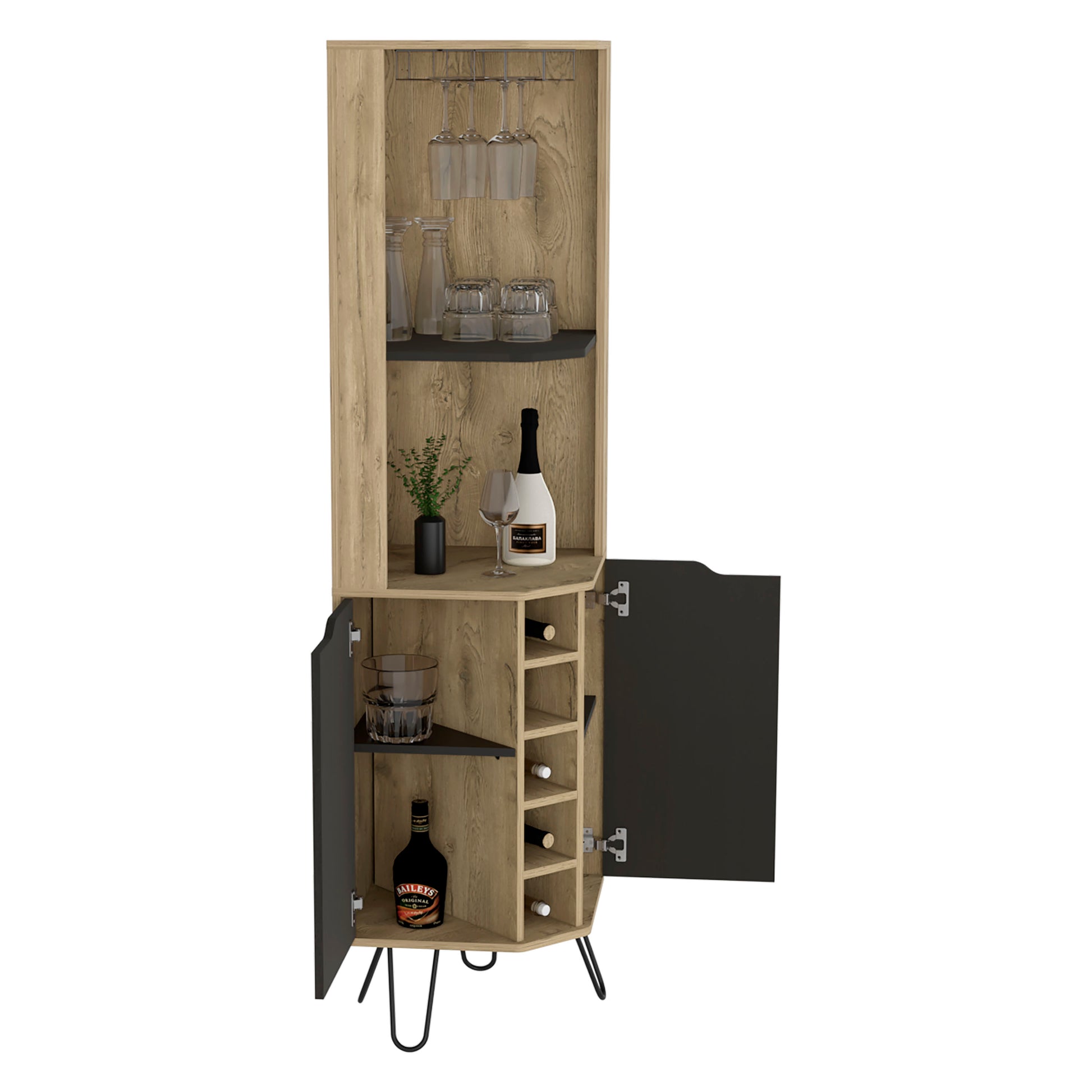 Corner bar cabinet with wood finish glass holder and wine rack