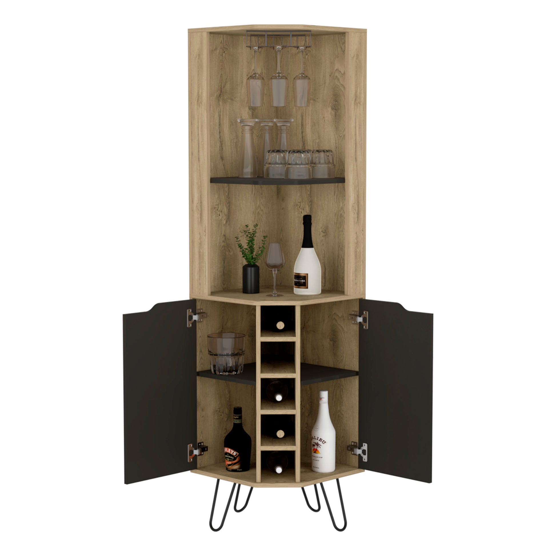 Wooden corner bar cabinet with glass holders and wine rack modern design