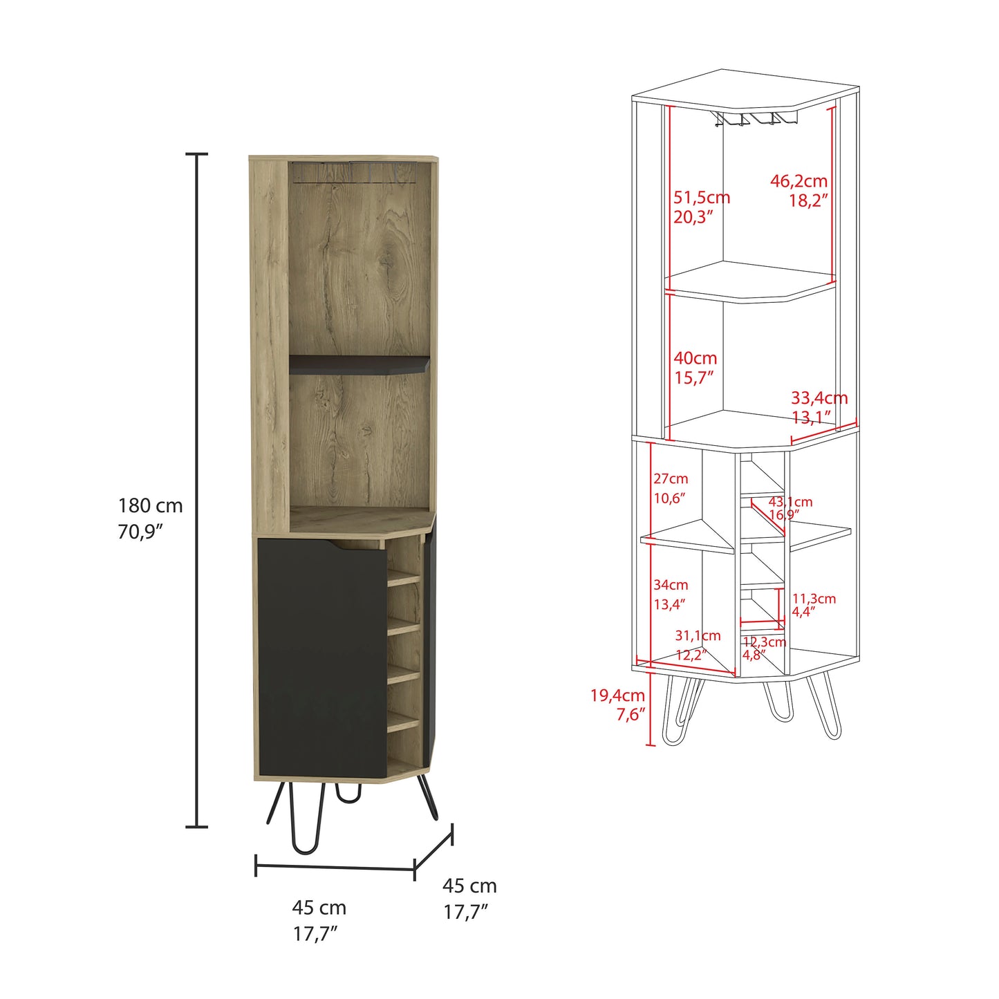 Corner bar cabinet in wood grain and black with wine rack and shelves