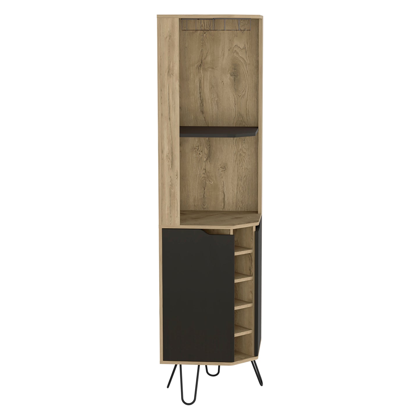 Tall narrow corner cabinet with light wood grain finish and black door Features open shelving and angled metal legs for modern storage