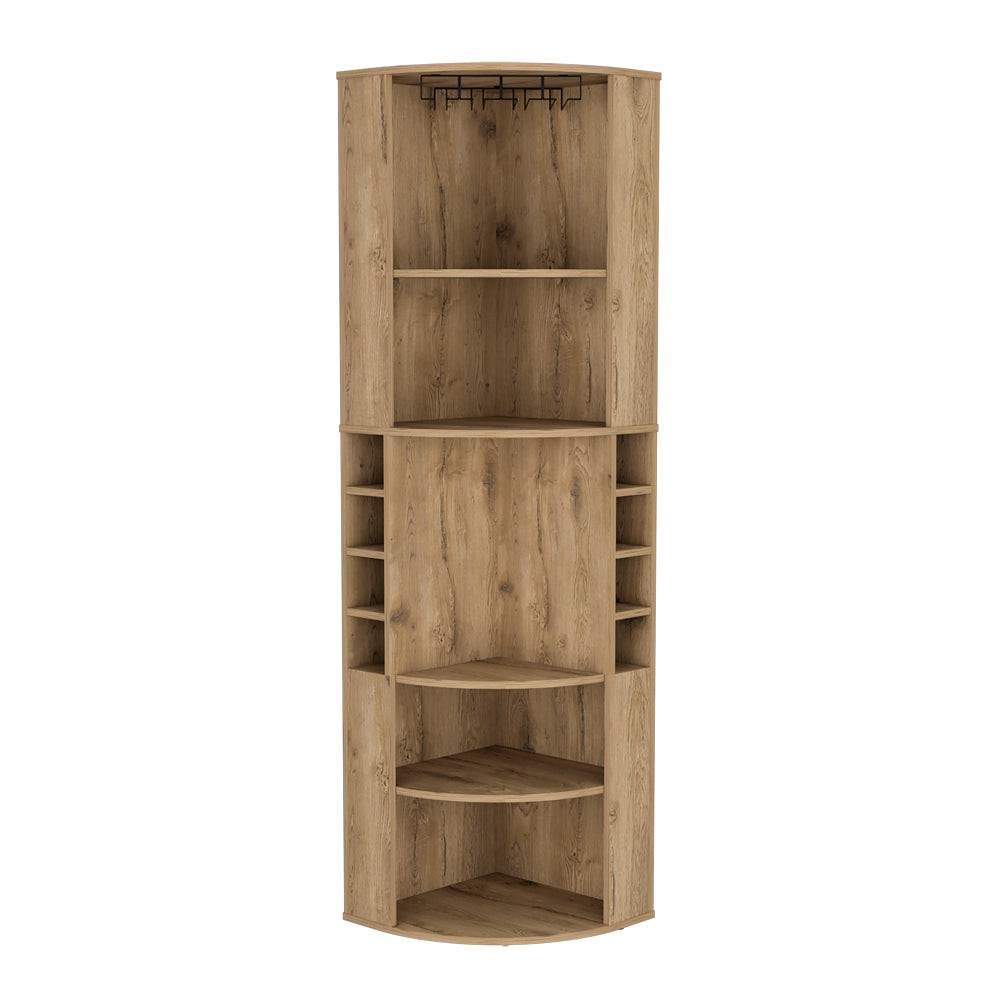 Tall oakeffect corner bar cabinet with wine glass rack and multiple shelves