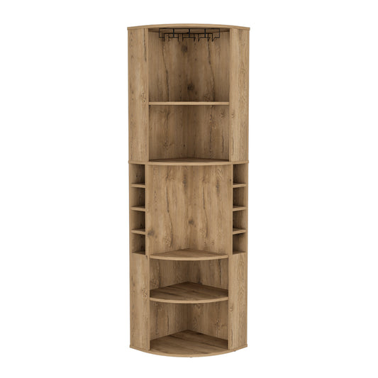 Tall oakeffect corner bar cabinet with wine glass rack and multiple shelves