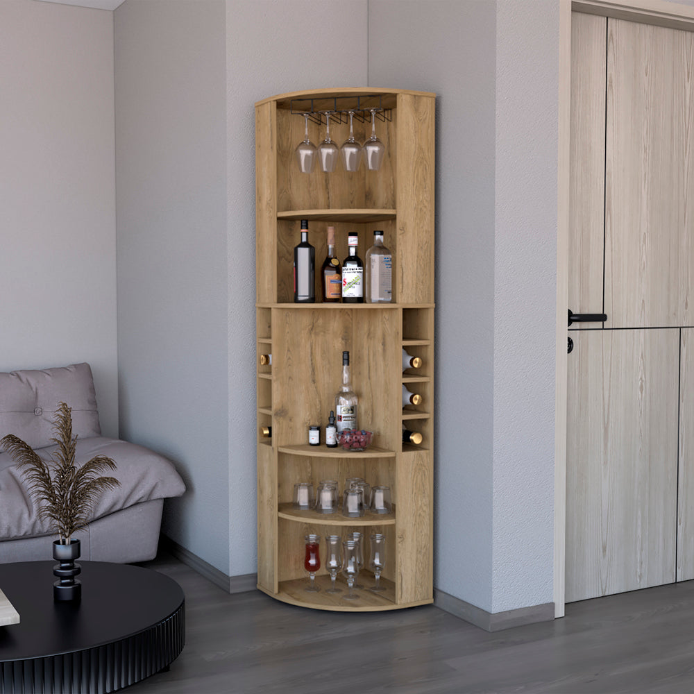 Corner bar cabinet with glass holders and wine rack in light oak finish