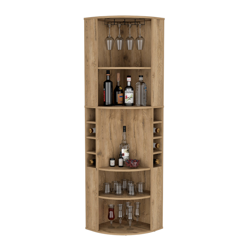 Corner bar cabinet with wine rack and glassware storage in light oak finish