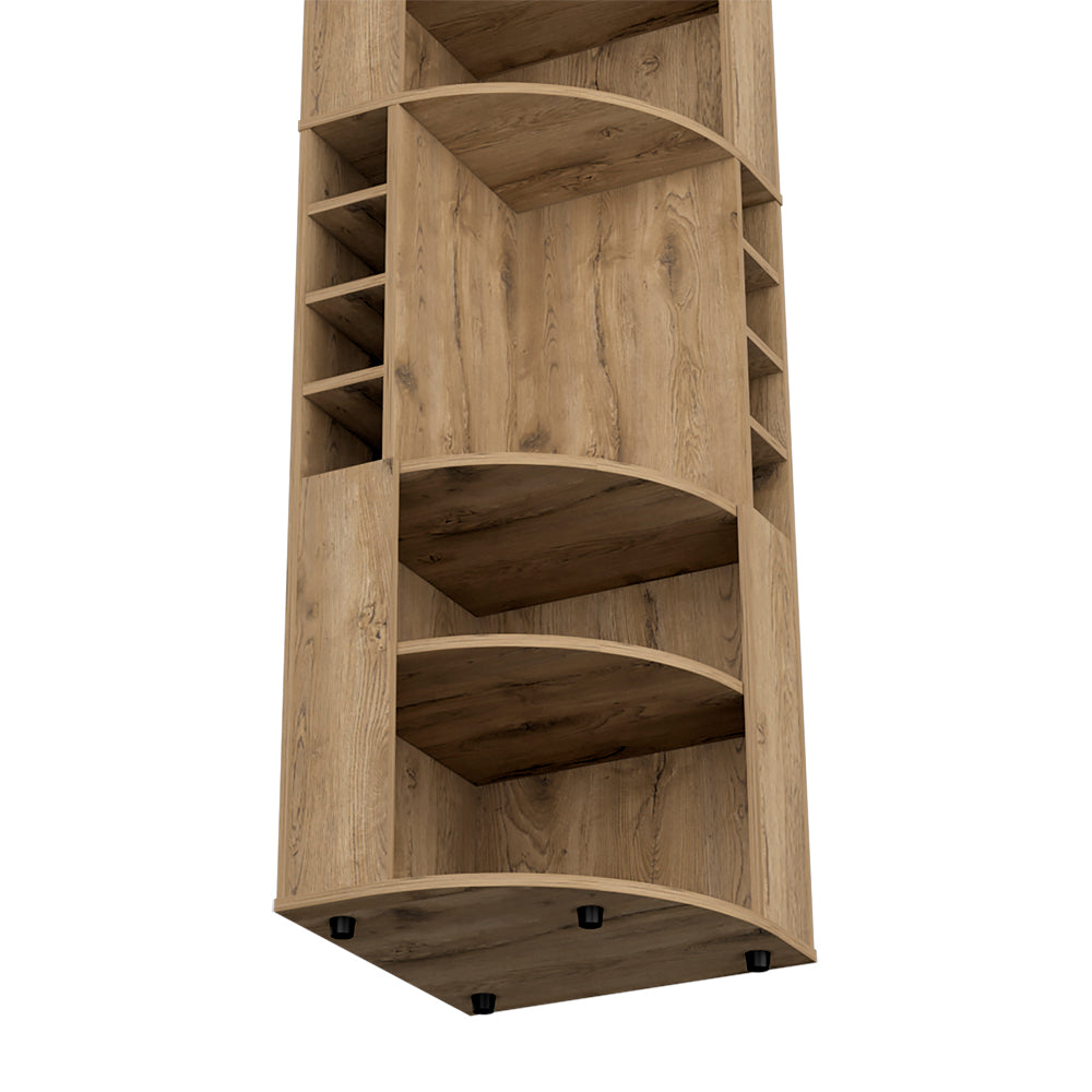 Wooden rotating bookshelf with multiple curved and straight shelves for storage