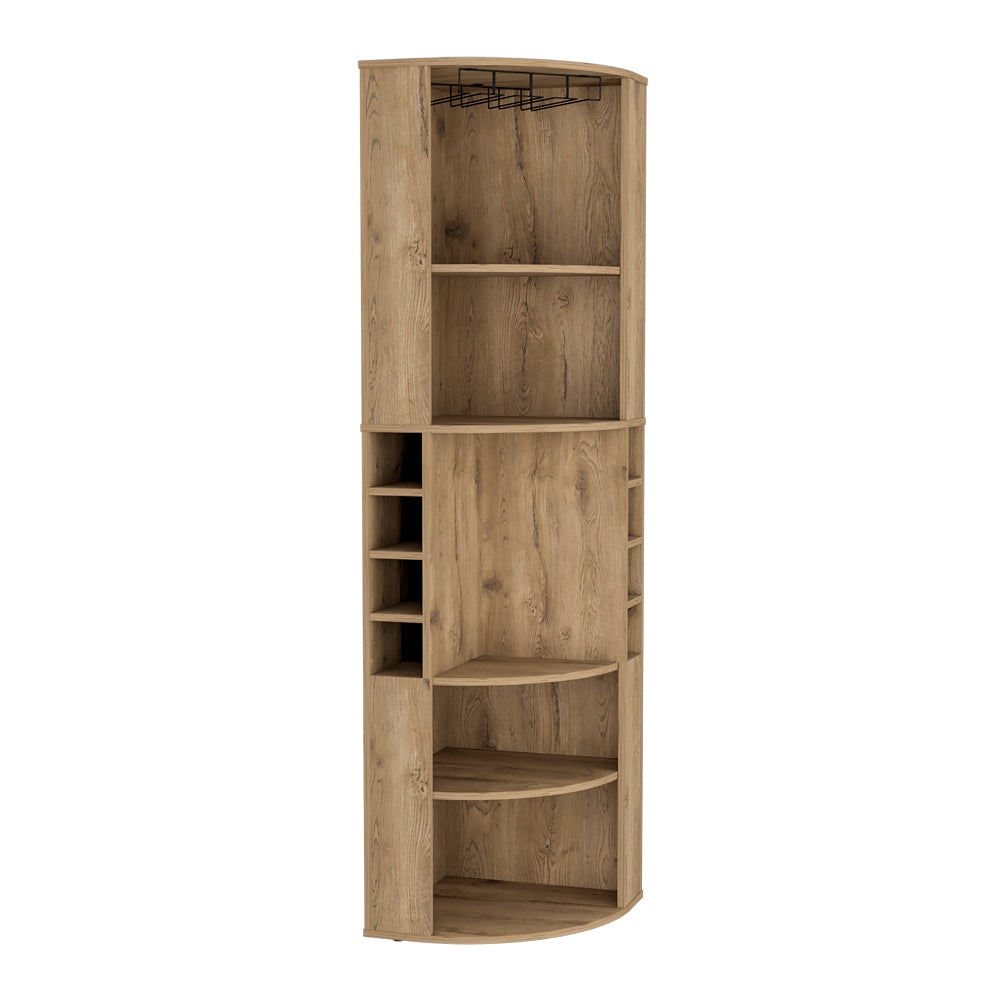Tall corner bar cabinet in oak finish with wine glass rack and bottle shelves